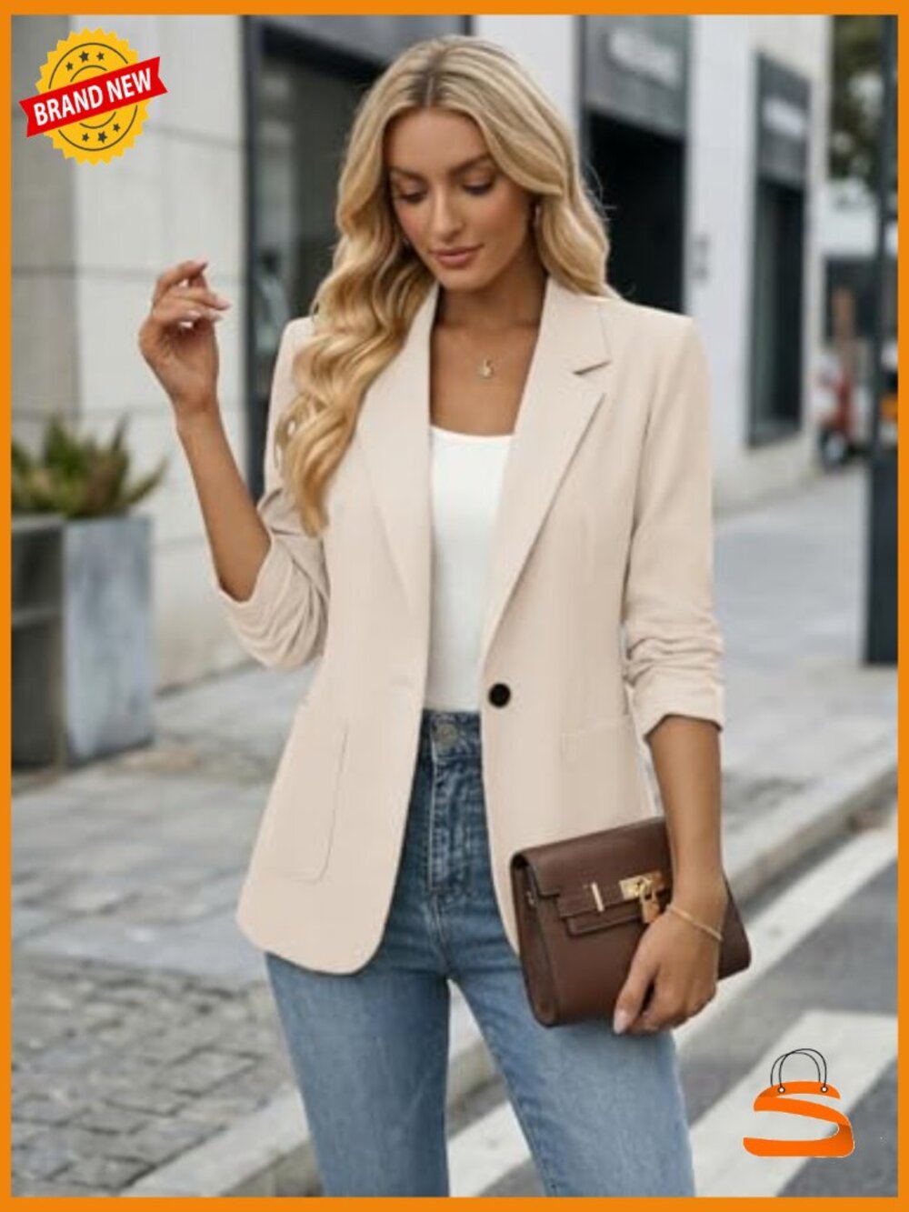 3/4 Ruched Sleeve Blazer - Lightweight Lined Casual Work Office Jacket with - Picture 3 of 7